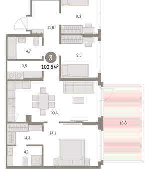 3-к квартира, вторичка, 102м2, 1/9 этаж