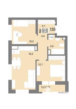 2-к квартира, строящийся дом, 55м2, 25/26 этаж