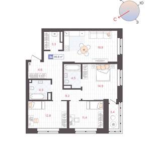 3-к квартира, вторичка, 87м2, 11/25 этаж