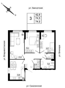 3-к квартира, строящийся дом, 75м2, 1/24 этаж