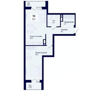 1-к квартира, вторичка, 61м2, 9/18 этаж