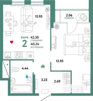 2-к квартира, строящийся дом, 42м2, 32/32 этаж