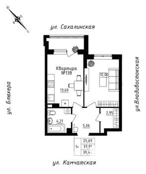 1-к квартира, строящийся дом, 39м2, 12/25 этаж