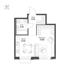 Студия квартира, вторичка, 34м2, 12/25 этаж