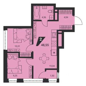 2-к квартира, вторичка, 49м2, 23/25 этаж