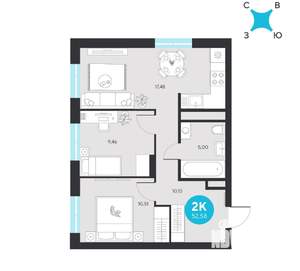 2-к квартира, строящийся дом, 53м2, 22/23 этаж
