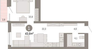 1-к квартира, вторичка, 44м2, 4/8 этаж