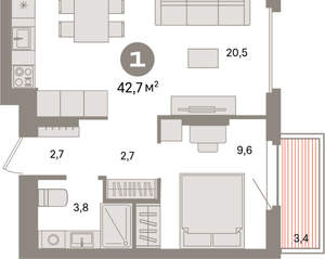 1-к квартира, вторичка, 43м2, 5/9 этаж