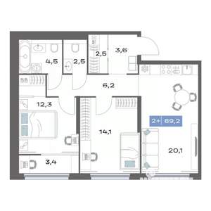 2-к квартира, строящийся дом, 69м2, 17/25 этаж