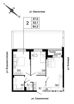 2-к квартира, вторичка, 64м2, 2/24 этаж