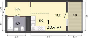 Студия квартира, вторичка, 30м2, 12/19 этаж