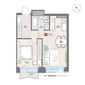 1-к квартира, вторичка, 45м2, 7/8 этаж