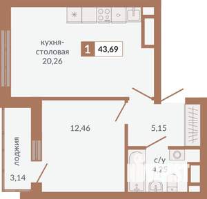 1-к квартира, строящийся дом, 44м2, 14/31 этаж