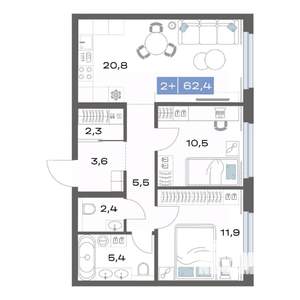 2-к квартира, строящийся дом, 62м2, 4/17 этаж