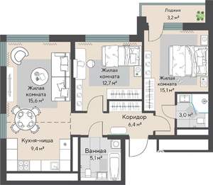 3-к квартира, строящийся дом, 69м2, 30/31 этаж