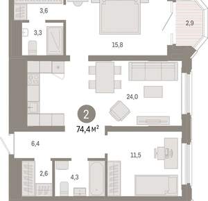 2-к квартира, вторичка, 74м2, 9/24 этаж