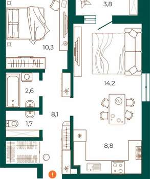 2-к квартира, вторичка, 50м2, 12/26 этаж