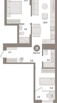 2-к квартира, сданный дом, 63м2, 6/9 этаж