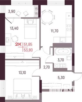 2-к квартира, вторичка, 52м2, 23/25 этаж