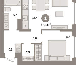 1-к квартира, вторичка, 42м2, 7/16 этаж