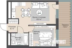 1-к квартира, строящийся дом, 44м2, 2/22 этаж