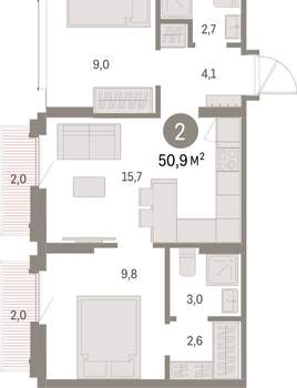 2-к квартира, вторичка, 51м2, 9/9 этаж