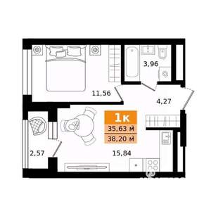 1-к квартира, строящийся дом, 38м2, 21/27 этаж