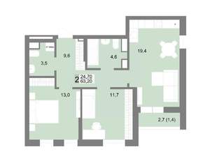 2-к квартира, строящийся дом, 63м2, 18/25 этаж