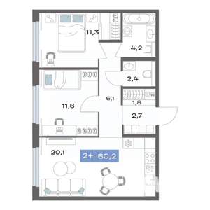 2-к квартира, строящийся дом, 60м2, 3/20 этаж