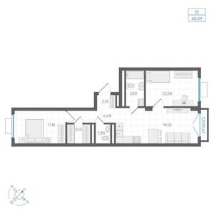 2-к квартира, строящийся дом, 60м2, 2/4 этаж
