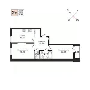 2-к квартира, строящийся дом, 61м2, 5/25 этаж