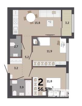 2-к квартира, строящийся дом, 56м2, 9/17 этаж
