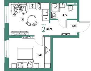 2-к квартира, вторичка, 31м2, 22/24 этаж