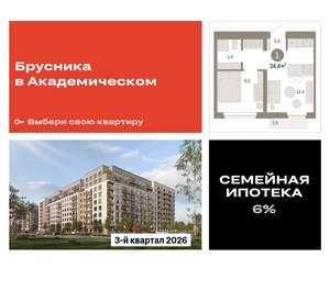 1-к квартира, вторичка, 34м2, 6/9 этаж