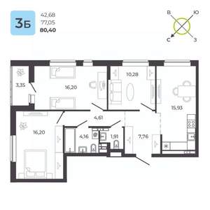 3-к квартира, строящийся дом, 80м2, 4/23 этаж
