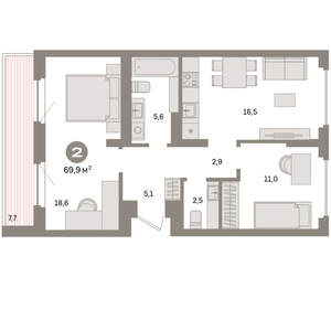 2-к квартира, вторичка, 70м2, 9/16 этаж