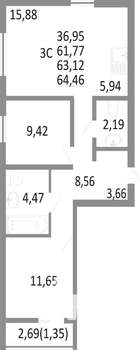 3-к квартира, вторичка, 63м2, 13/18 этаж