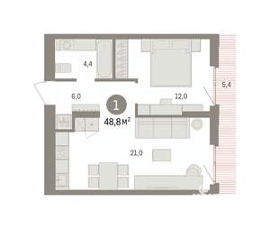 1-к квартира, вторичка, 49м2, 5/16 этаж