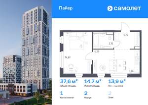 1-к квартира, вторичка, 38м2, 2/16 этаж