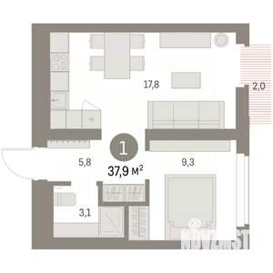 1-к квартира, вторичка, 38м2, 6/9 этаж