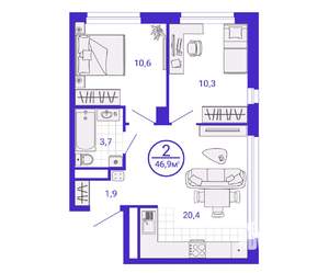 2-к квартира, строящийся дом, 47м2, 28/28 этаж