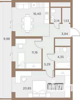 3-к квартира, вторичка, 69м2, 2/24 этаж