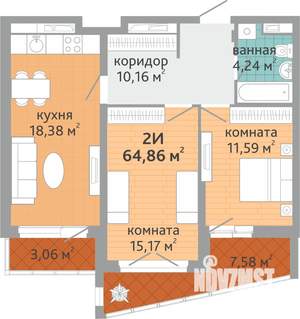 2-к квартира, строящийся дом, 65м2, 16/24 этаж
