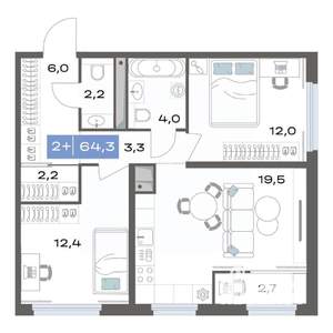 2-к квартира, строящийся дом, 64м2, 10/17 этаж