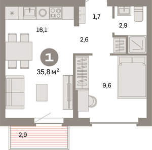 1-к квартира, вторичка, 36м2, 6/9 этаж