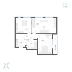 2-к квартира, строящийся дом, 69м2, 7/32 этаж