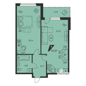 1-к квартира, вторичка, 51м2, 2/25 этаж