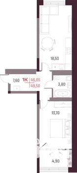 1-к квартира, строящийся дом, 46м2, 24/25 этаж