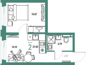 2-к квартира, строящийся дом, 28м2, 9/20 этаж