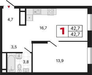 1-к квартира, строящийся дом, 43м2, 19/25 этаж